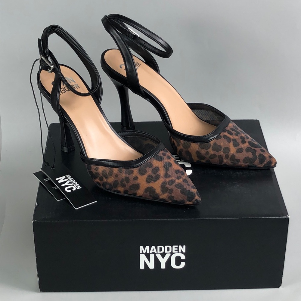 Madden NYC Women's Leopard Pointed-Toe Ankle-Strap Heels - Brown/Black